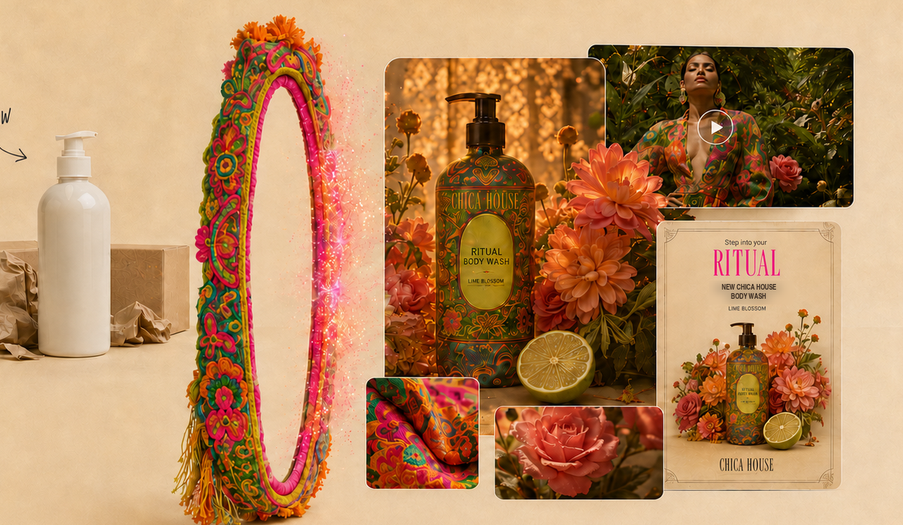 A raw white product bottle passing through an embroidered portal into a complete CHICA HOUSE campaign