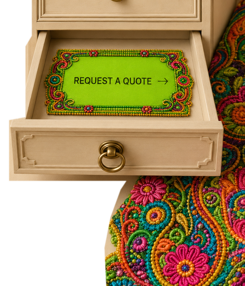 An embroidered CHICA HOUSE quotation card revealed inside a cabinet drawer