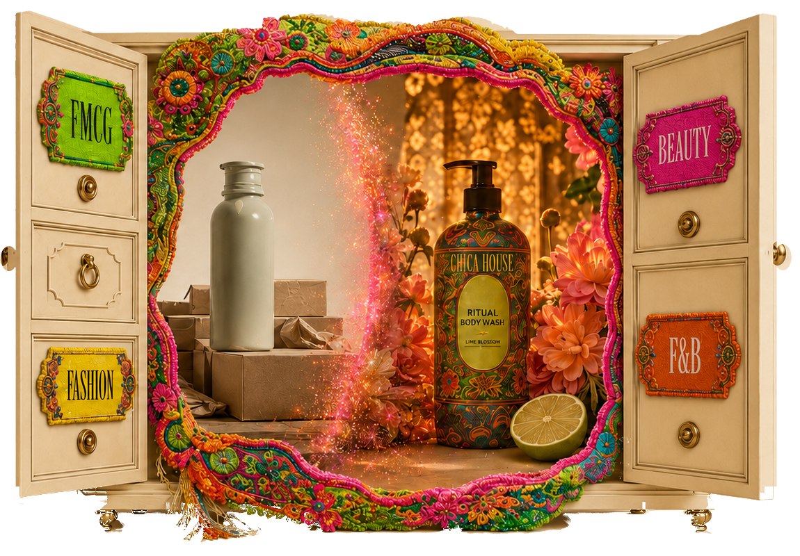 A handcrafted CHICA HOUSE cabinet transforming a plain product into a richly art-directed campaign world